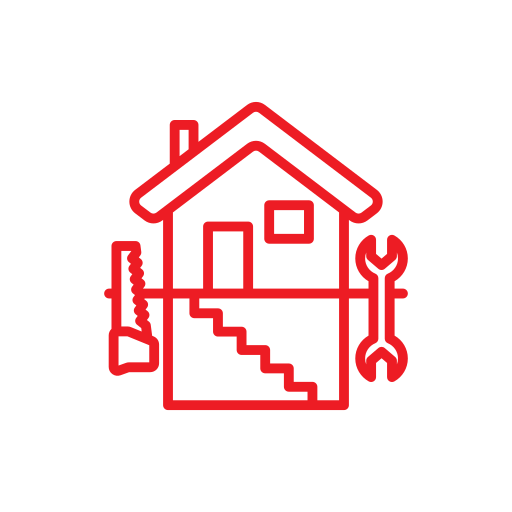 Red outline illustration of a house with stairs, a saw to the left, and a wrench to the right, all inside a white circle.