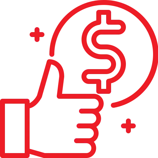 A red icon with a thumbs-up symbol next to a dollar sign enclosed in a circle, indicating financial positivity or approval.