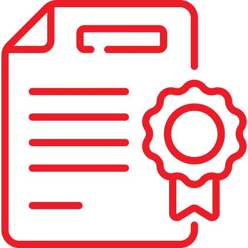 Red outline of a document with text lines and a circular ribbon emblem on the lower right corner, symbolizing certification or achievement.