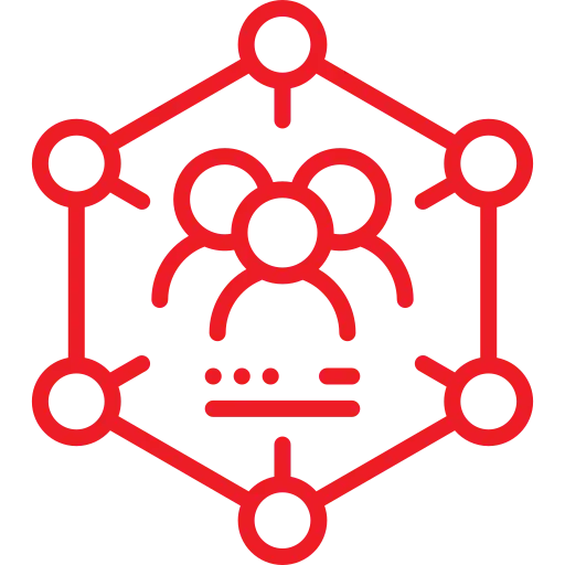 Red icon of stylized people figures connected in a hexagonal structure with a database symbol at the bottom center.