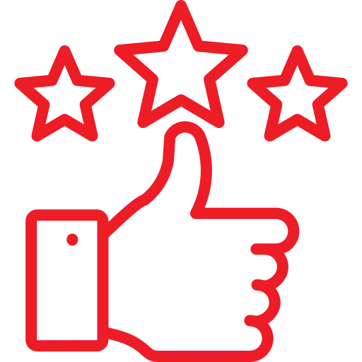 Red outline of a thumbs-up symbol below three stars, representing positive feedback or a high rating.